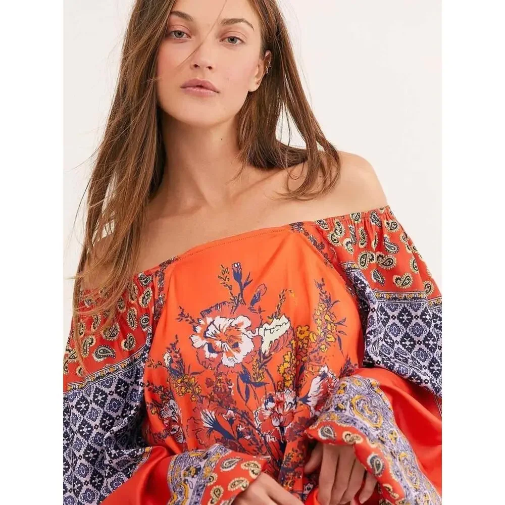 Free People Positano Womens Small Cherry Floral Boho Blouse Balloon Sleeve NWT